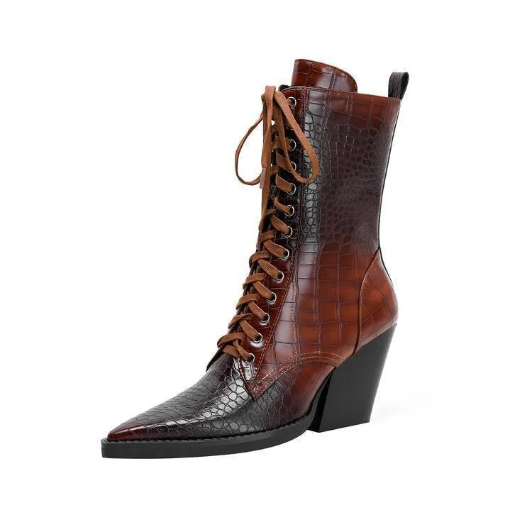 Retro pointed toe women's boots with chunky heel and lace-up details in dark brown