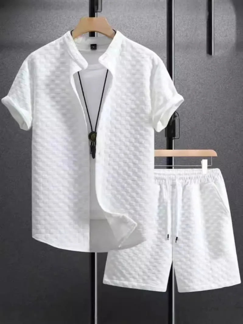 Men's black and white suit shorts set with short sleeve shirt and matching shorts