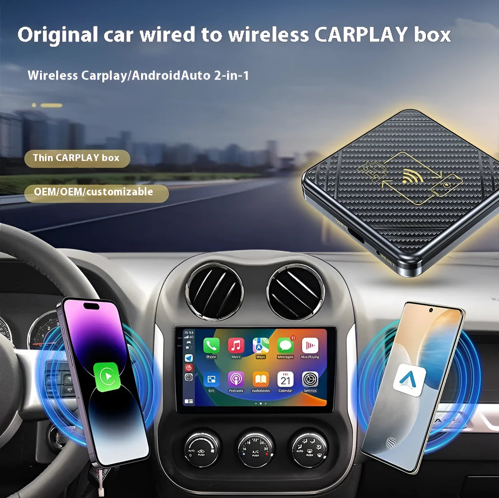 USB wireless CarPlay and Android Auto adapter box in gold and white colours