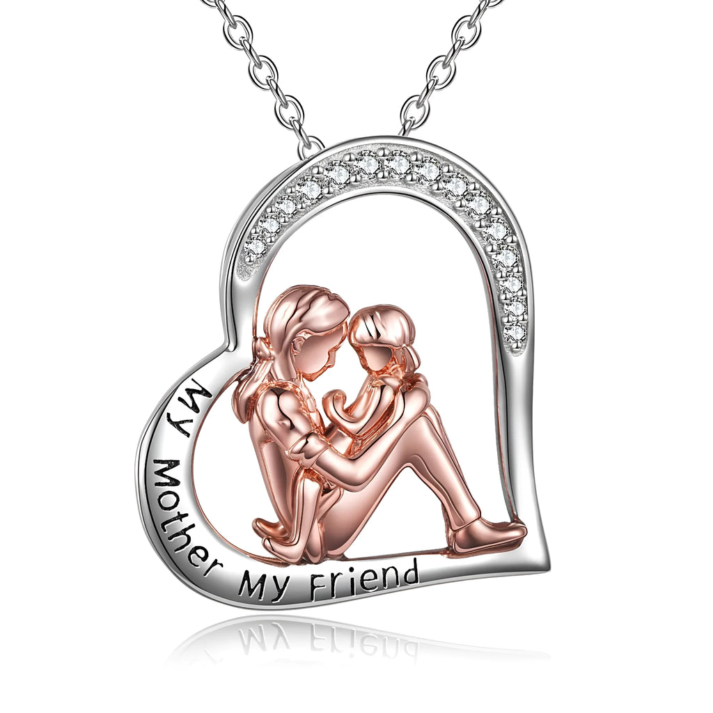 925 sterling silver mother daughter necklace with engraved heart pendant reading My Mother My Friend in silver colour