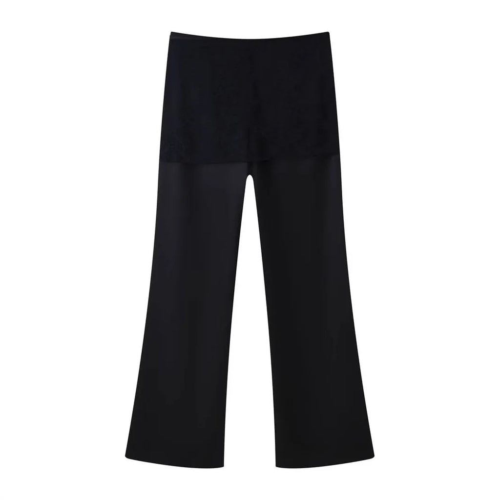 Black straight-leg trousers with lace-up front, loose fit, woven nylon, sizes XS to L