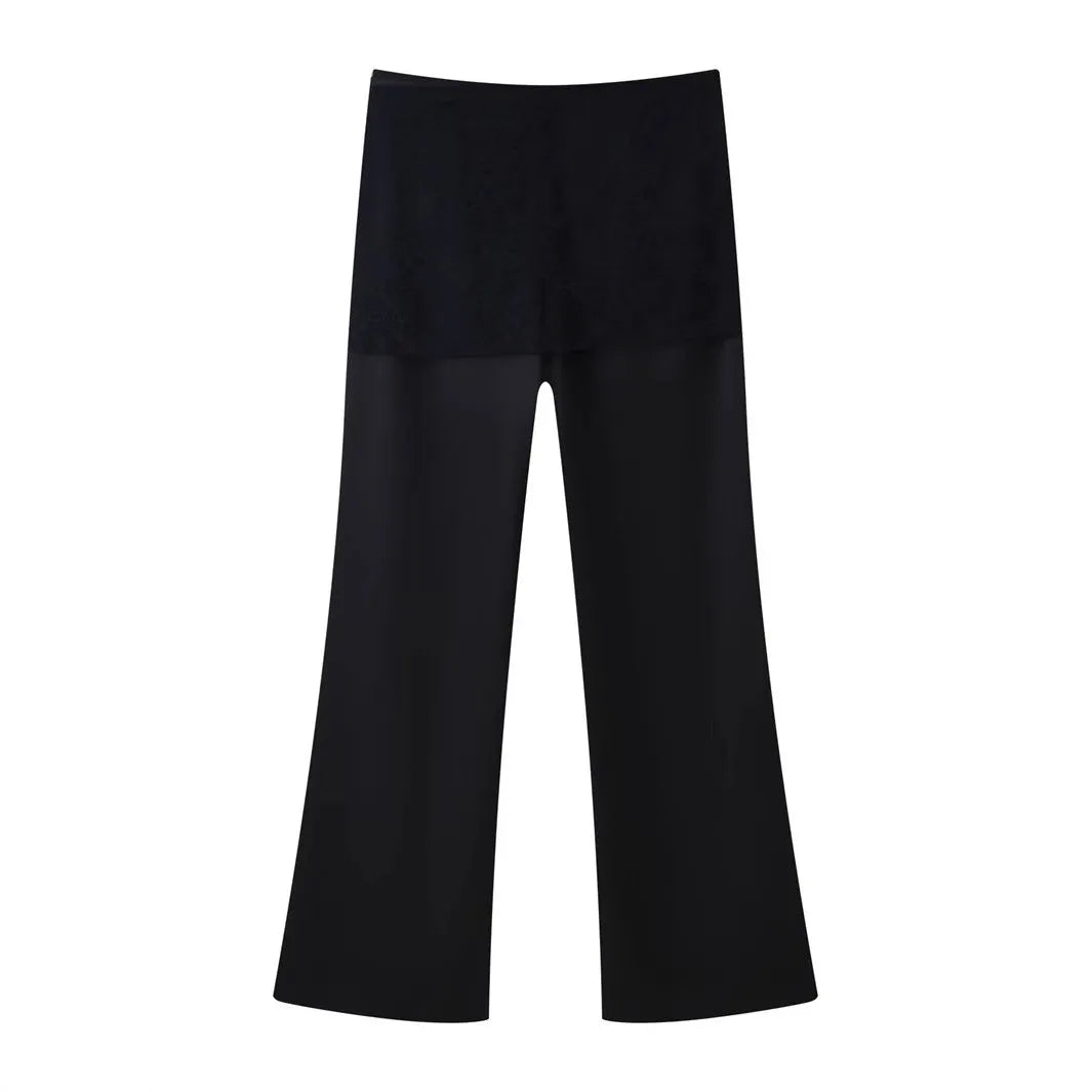 Black straight-leg trousers with lace-up front, loose fit, woven nylon, sizes XS to L