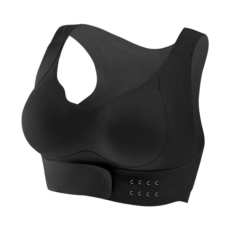 Women's front buckle exercise bra in black, white, or liquid foundation colour with 3/4 cup and double shoulder straps