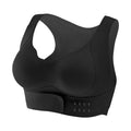 Women's front buckle exercise bra in black, white, or liquid foundation colour with 3/4 cup and double shoulder straps