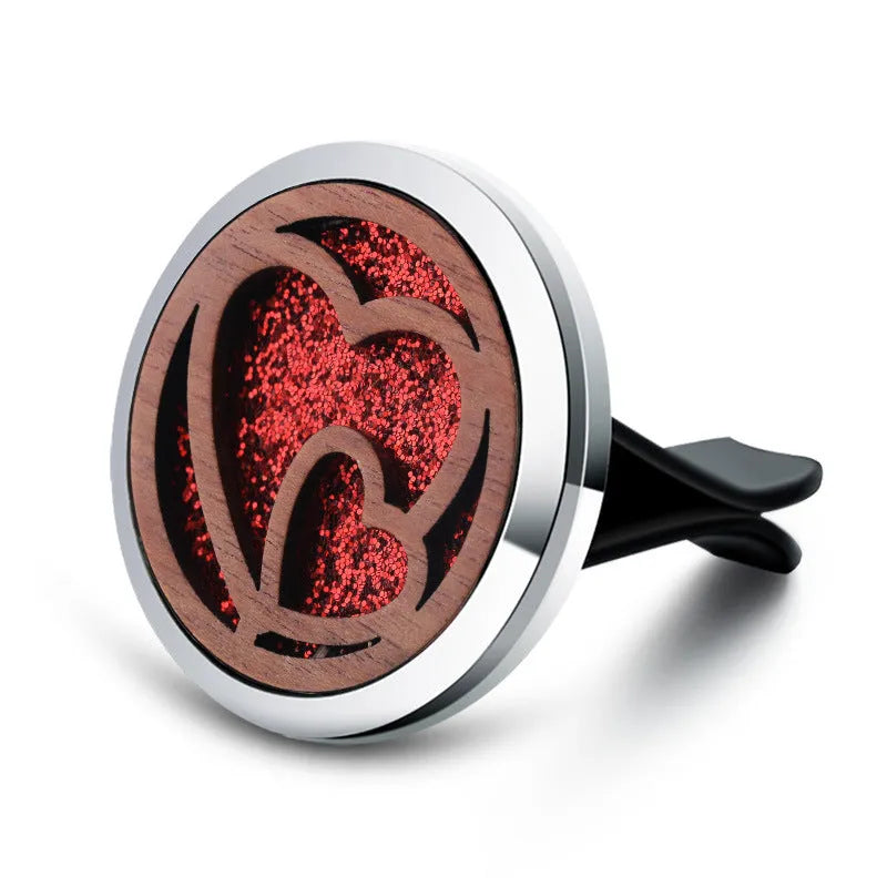 Circular car wood and alloy aromatherapy clip with incense holder, shown in one of 20 available colours.