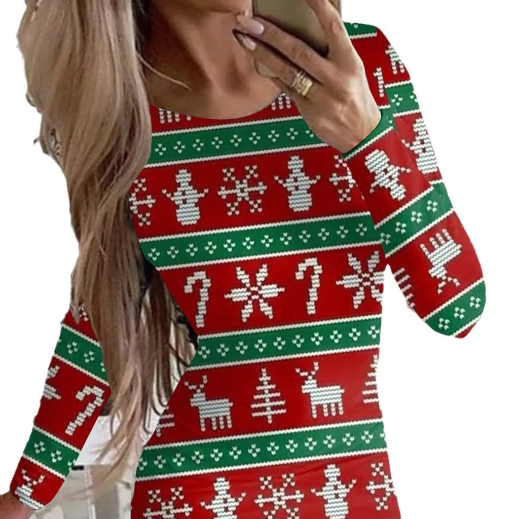 Christmas printed dress with animal pattern design showing narrow fit and hip skirt styling