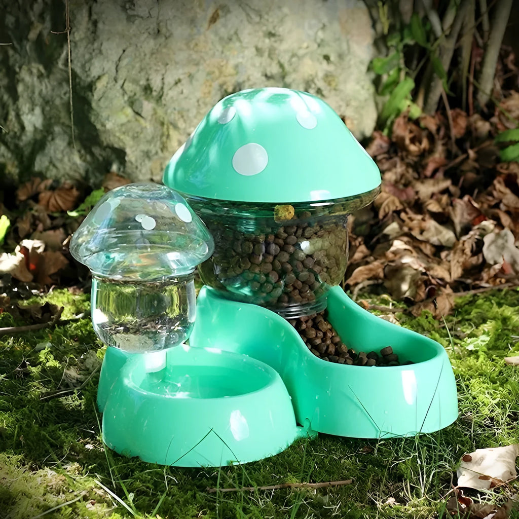 Blue mushroom-shaped automatic pet feeder with dual compartments for water and dry food, made from food-grade PP