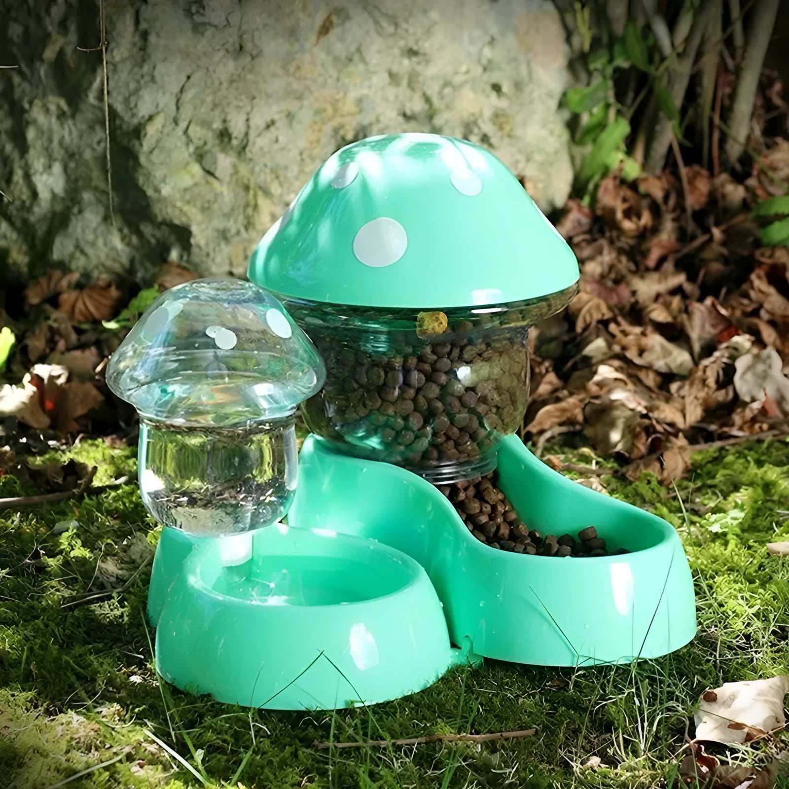 Blue mushroom-shaped automatic pet feeder with dual compartments for water and dry food, made from food-grade PP