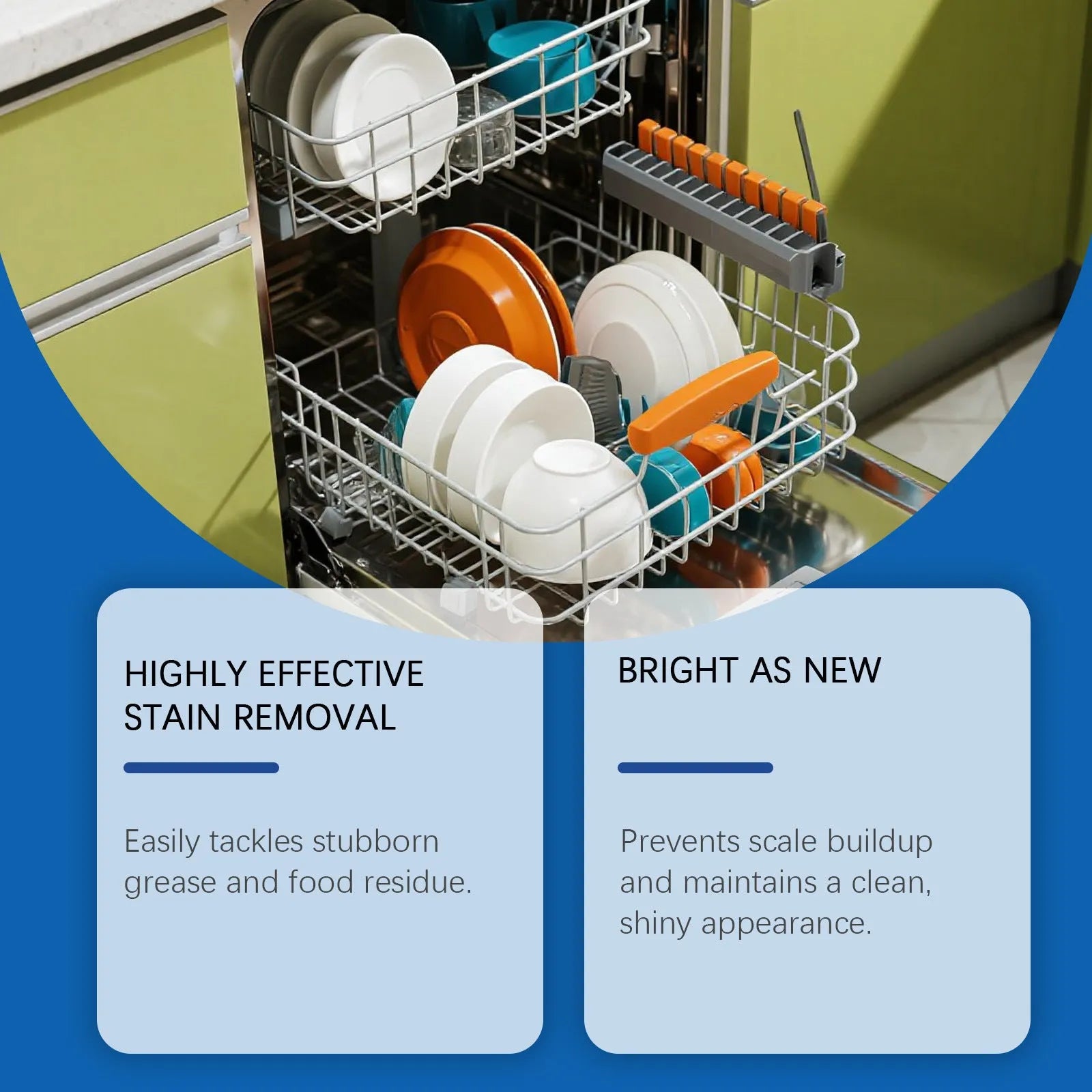 237mL bottle of dishwasher detergent cleaner for grease and stains on plates and kitchenware.