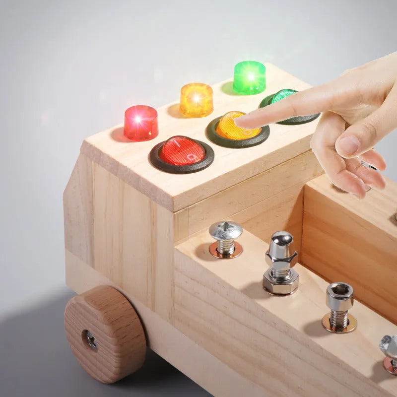 Children's wooden early education switch screw tool car colourful light nut design