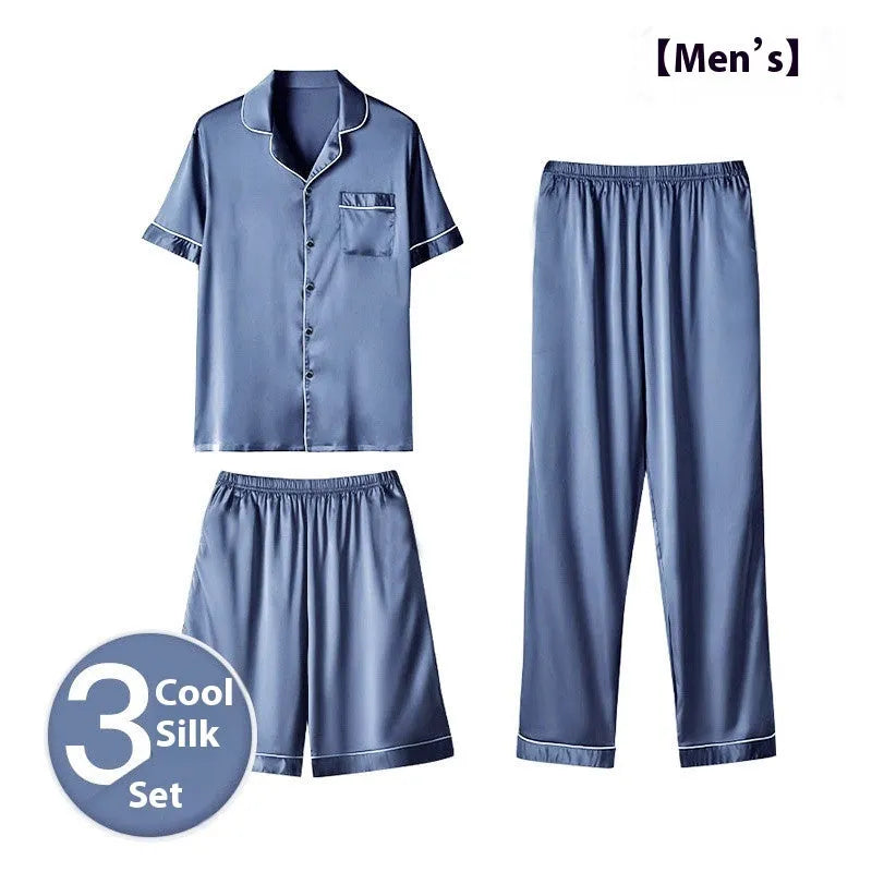 Men's ice silk home wear three-piece suit in cooling fabric with shorts and trousers