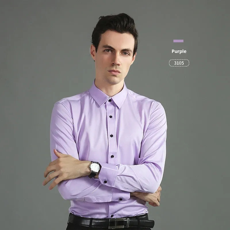 Casual four-way stretch long sleeve shirt in solid colour, slim fit cardigan style with 60 count synthetic fibre fabric