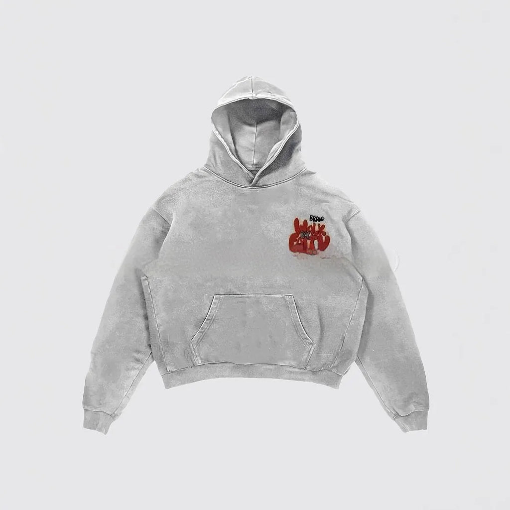 Women's grey hoodie with black letter print design showing Harajuku vintage streetwear style