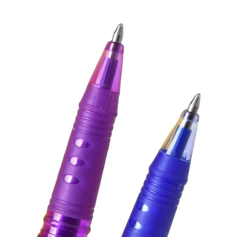 Set of hot erasable gel pens in multiple colours with plastic shells and stainless steel nibs.