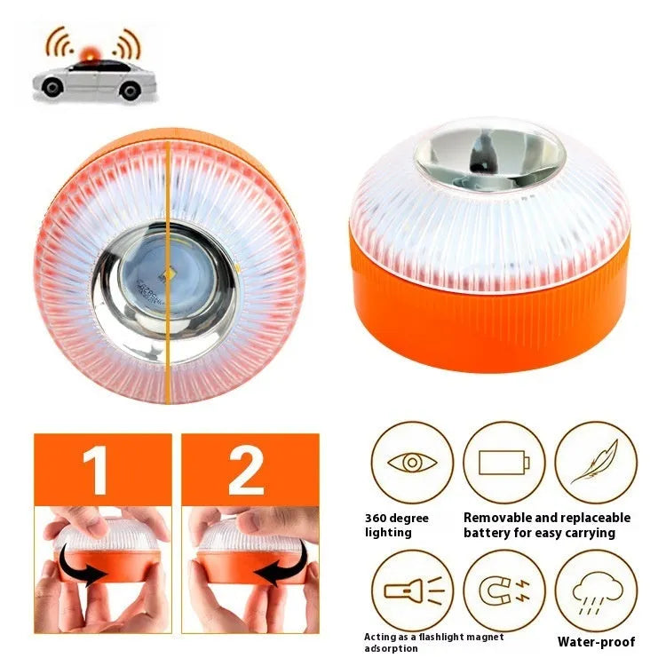V16 LED emergency warning light in plastic housing with colour options on a vehicle.