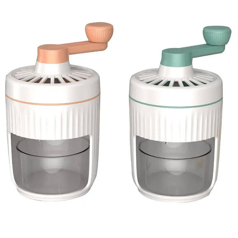 Hand-cranked ice shaving machine in green and orange, with removable ice box and ergonomic handle