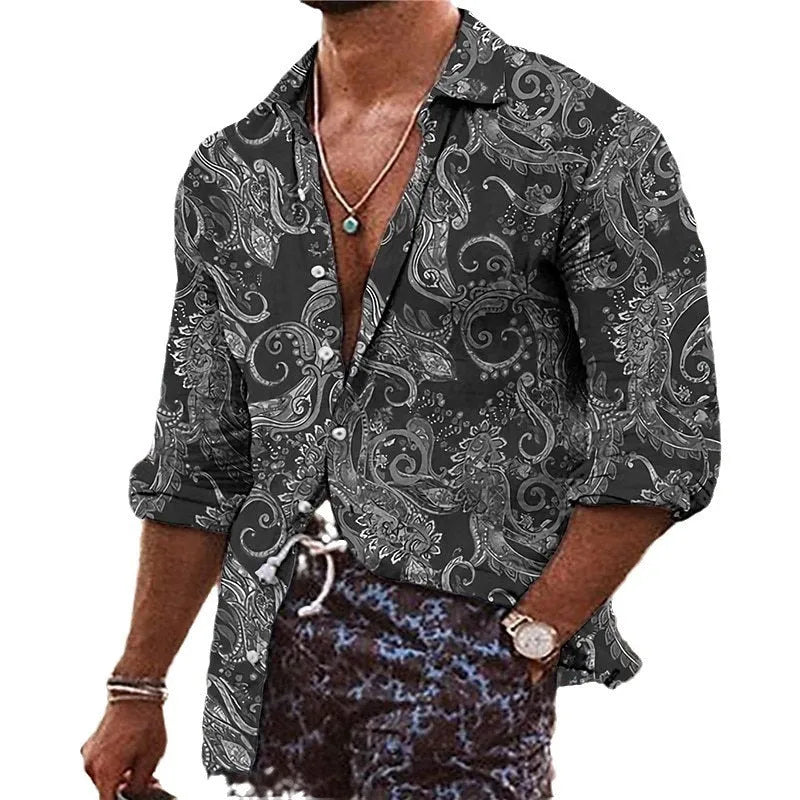Men's loose fit long sleeve shirt with a colourful 3D floral pattern, on a model.