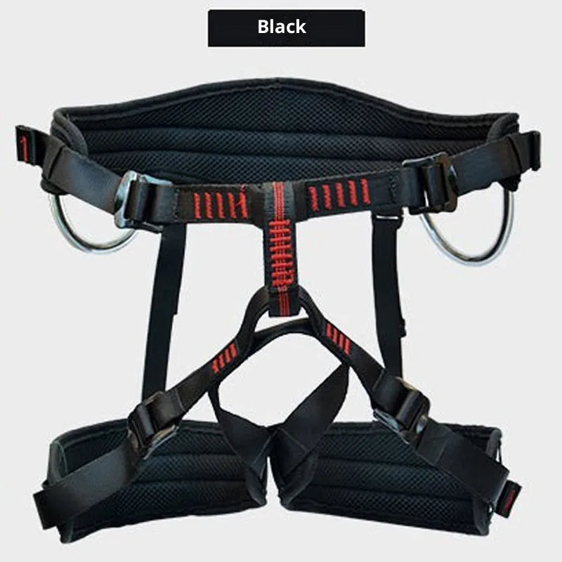 Outdoor mountaineering half seat belt in orange with adjustable waist and leg straps