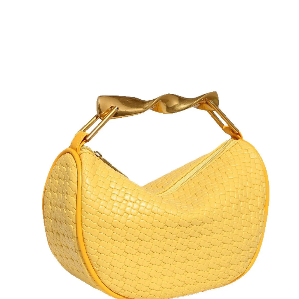 Straw woven dumpling chain crossbody bag in black PU leather with woven texture and chain shoulder strap.