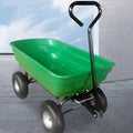 Green four-wheel plastic dump truck with steel frame for garden and farm use.