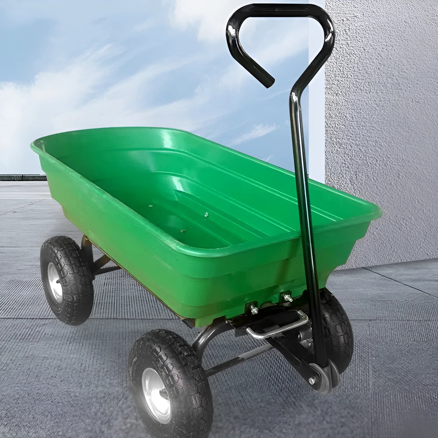 Green four-wheel plastic dump truck with steel frame for garden and farm use.