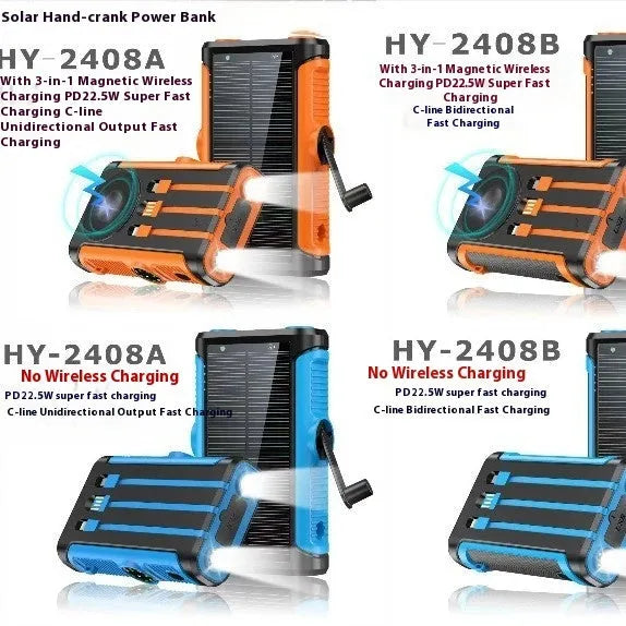 Solar hand crank power bank 20000mAh black plastic shell outdoor camping charger