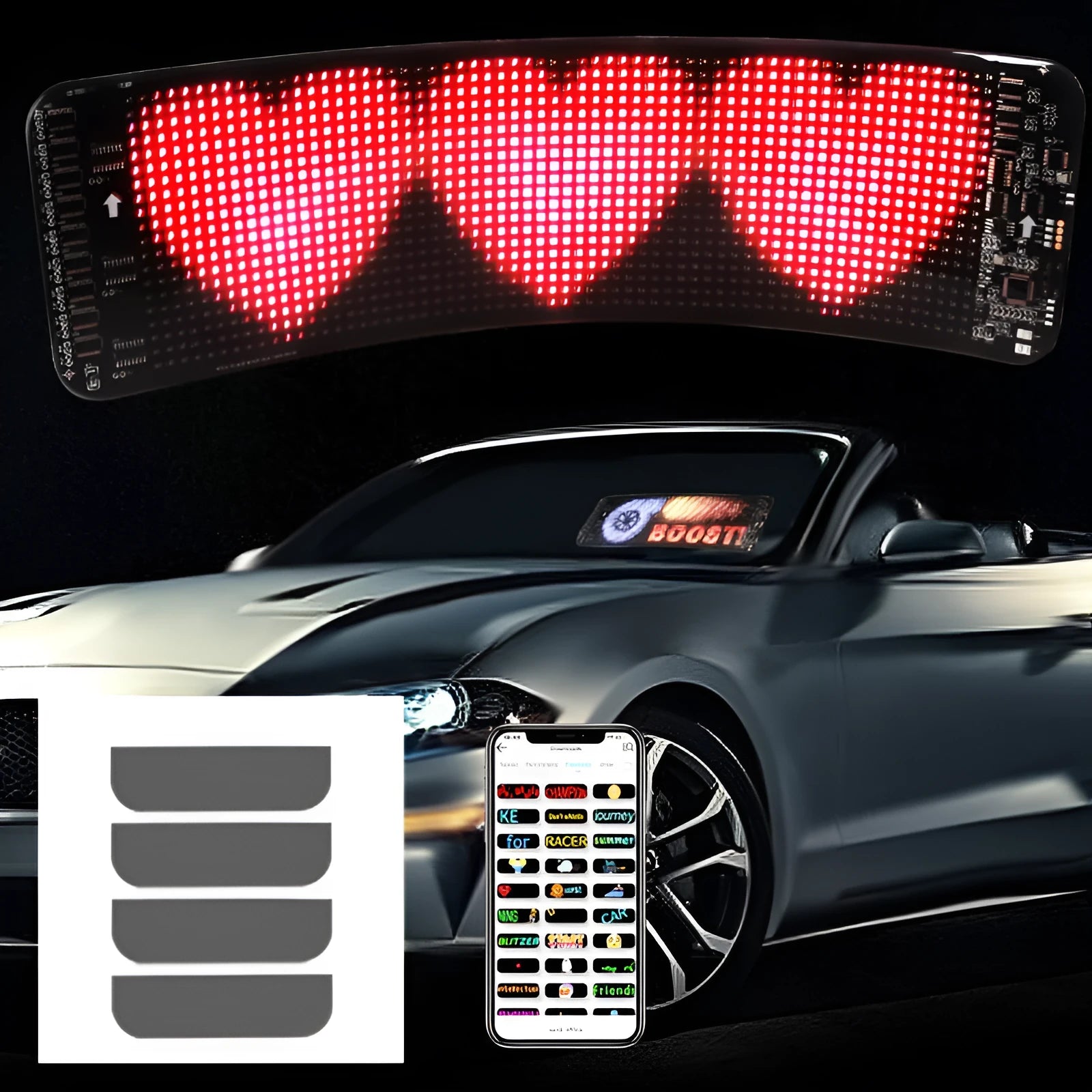 Flexible black Bluetooth LED screen for car rear windshield display, showing dimensions 49.2 x 110 cm.
