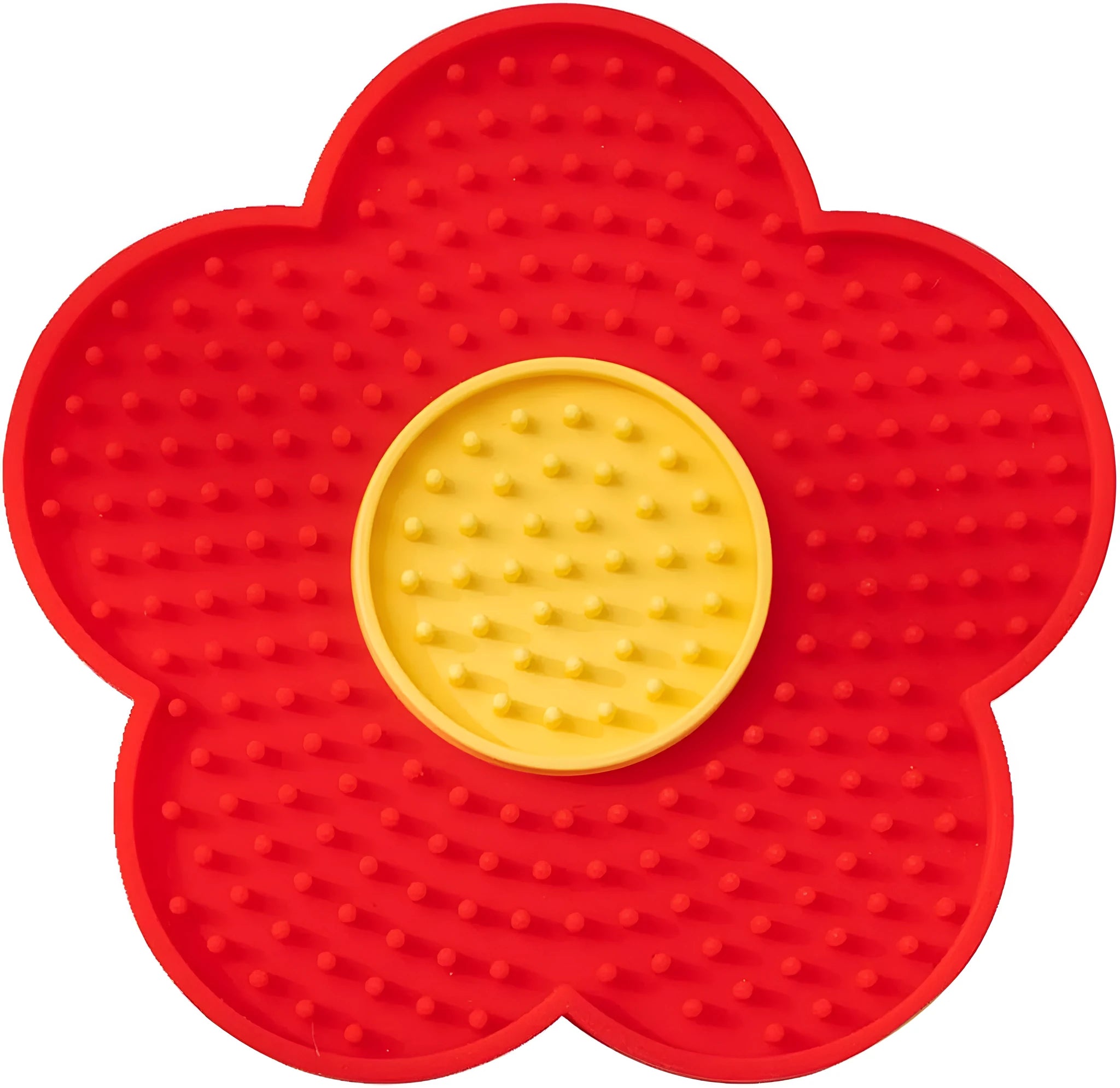 Flower-shaped silicone pet lick mat with suction cups on the base, shown in a choice of colours.