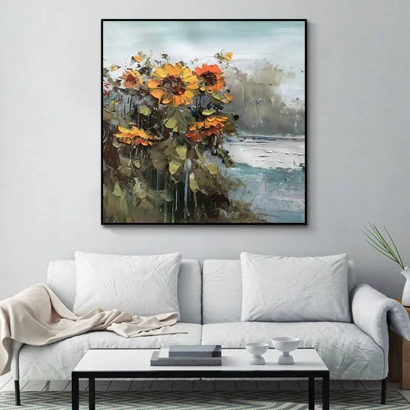 Hand-painted abstract countryside oil painting of rural landscape with sunflowers on square canvas for living room wall decor