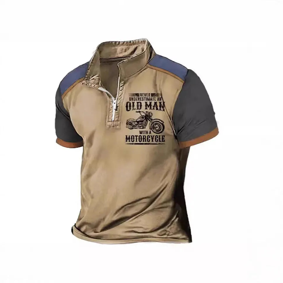 Men's casual short-sleeve polo shirt with lapel collar and digital letter print design.