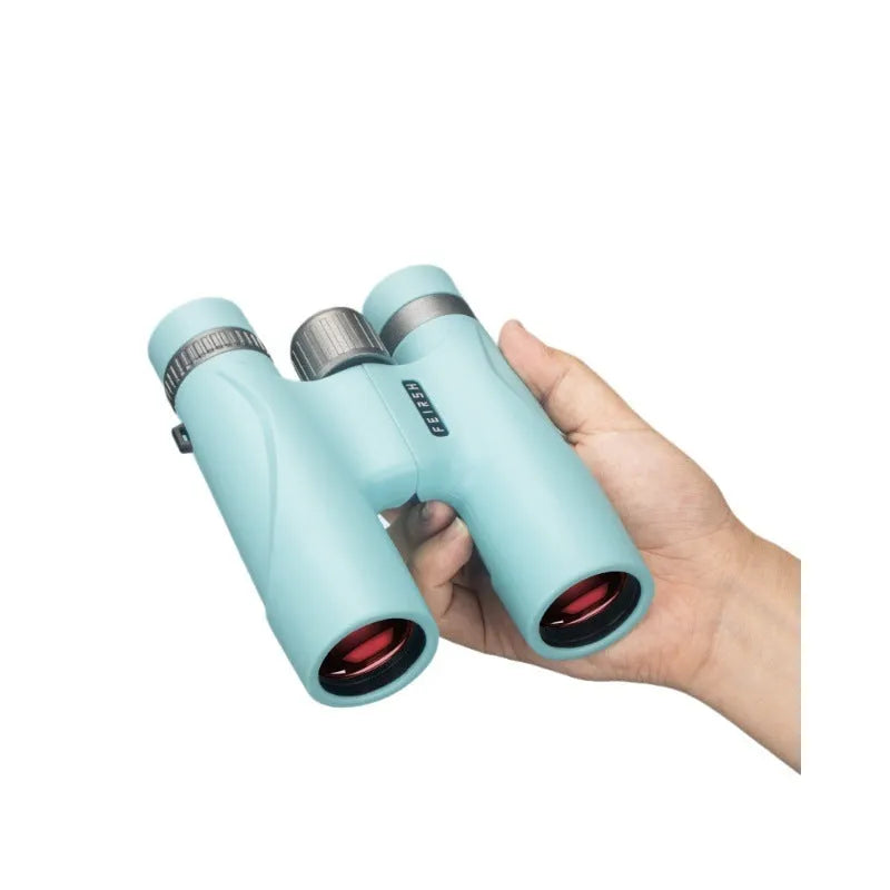 Blue 10x32 binoculars with wine red film lenses showing compact plastic housing