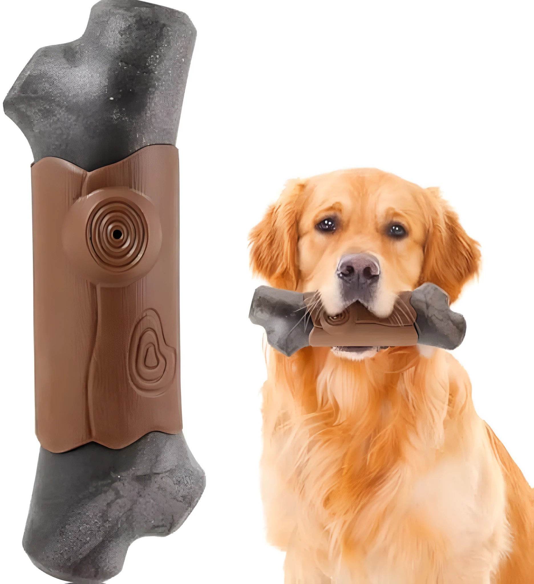 Large brown branch-shaped nylon dog chew toy for big breeds with a squeaker inside.