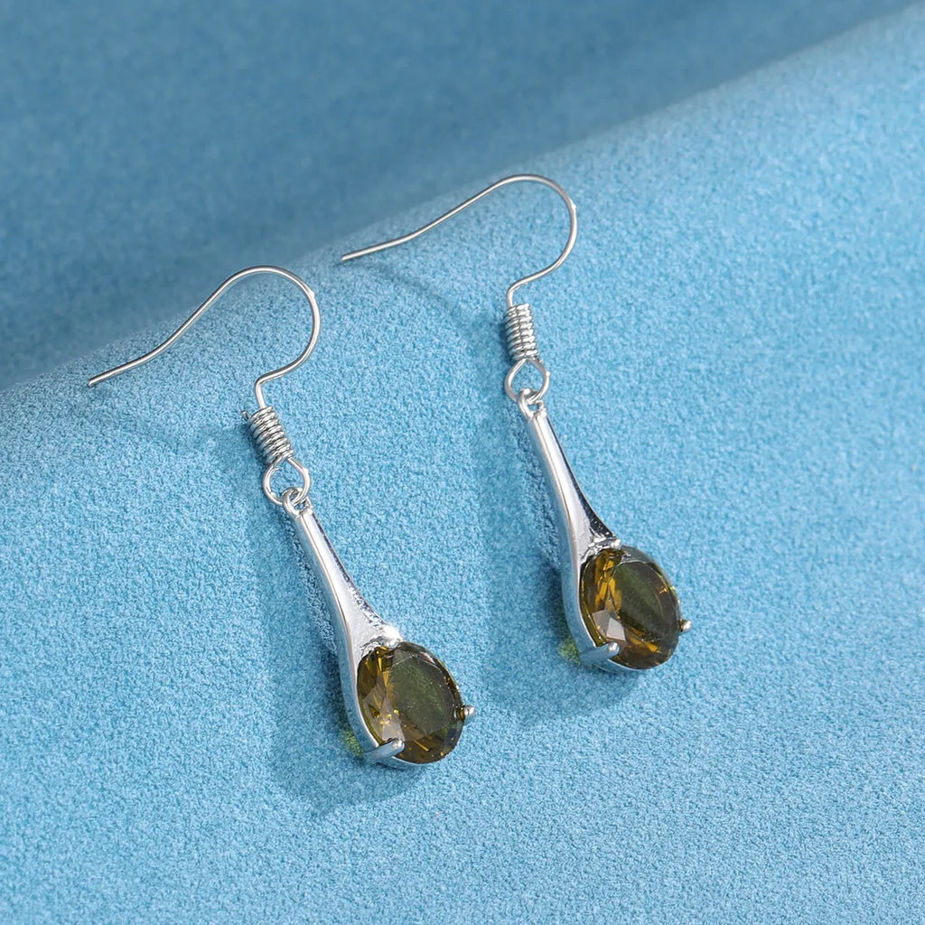 Olive green topaz drop shape earrings with minimalist design and electroplated finish
