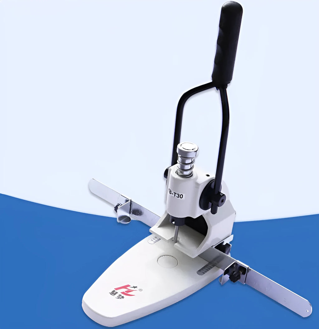 T30 single hole punching machine on desk with paper stack and adjustable pitch guide