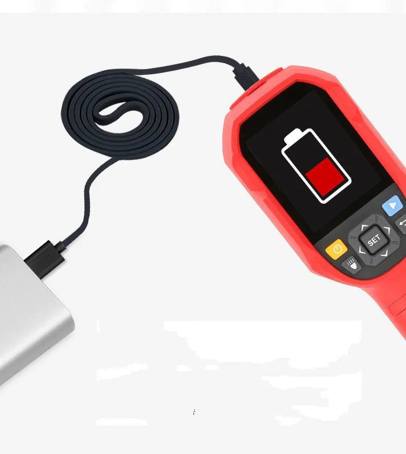 UTi series handheld infrared thermal imager with display screen shown alongside USB cable and storage bag.