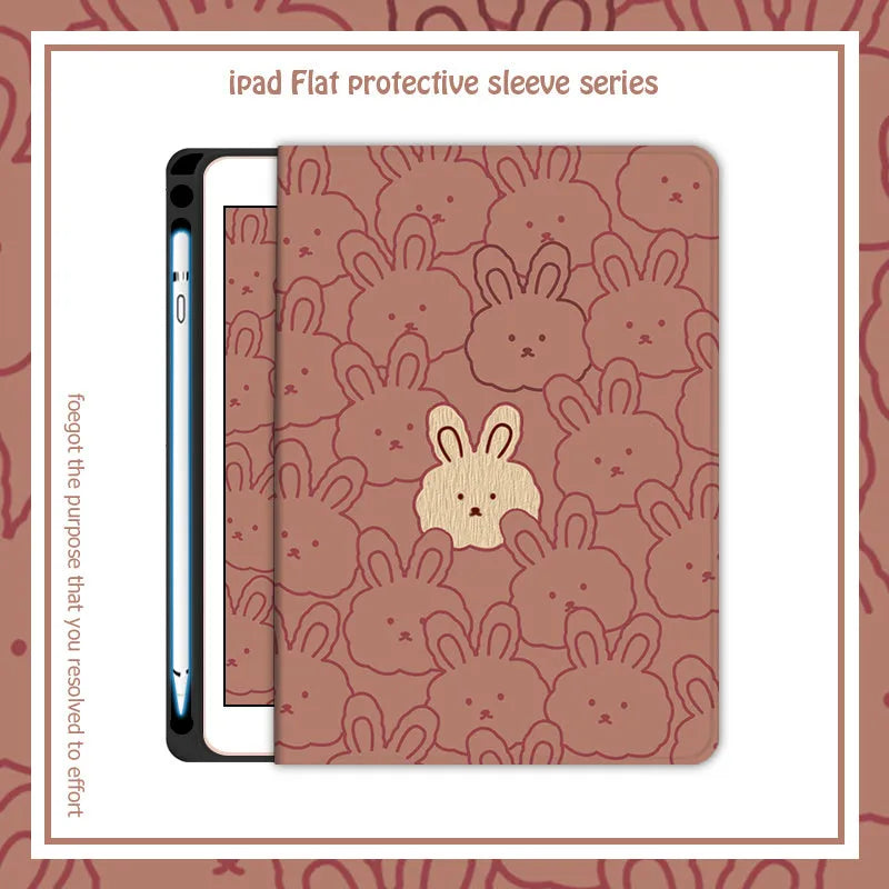 Cartoon rabbit silicone iPad case in book full screen style, compatible with multiple iPad models