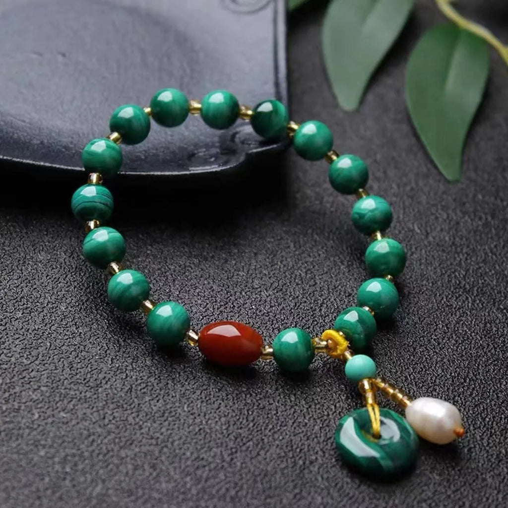 Natural green malachite and red agate stone bracelet with barrel-shaped beads