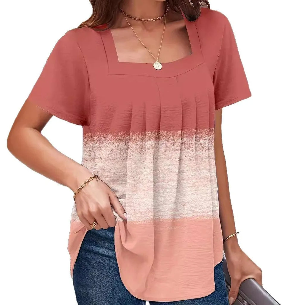 Pink dovetail square collar pleated ruffled short sleeves T-shirt loose fit pullover women polyester top