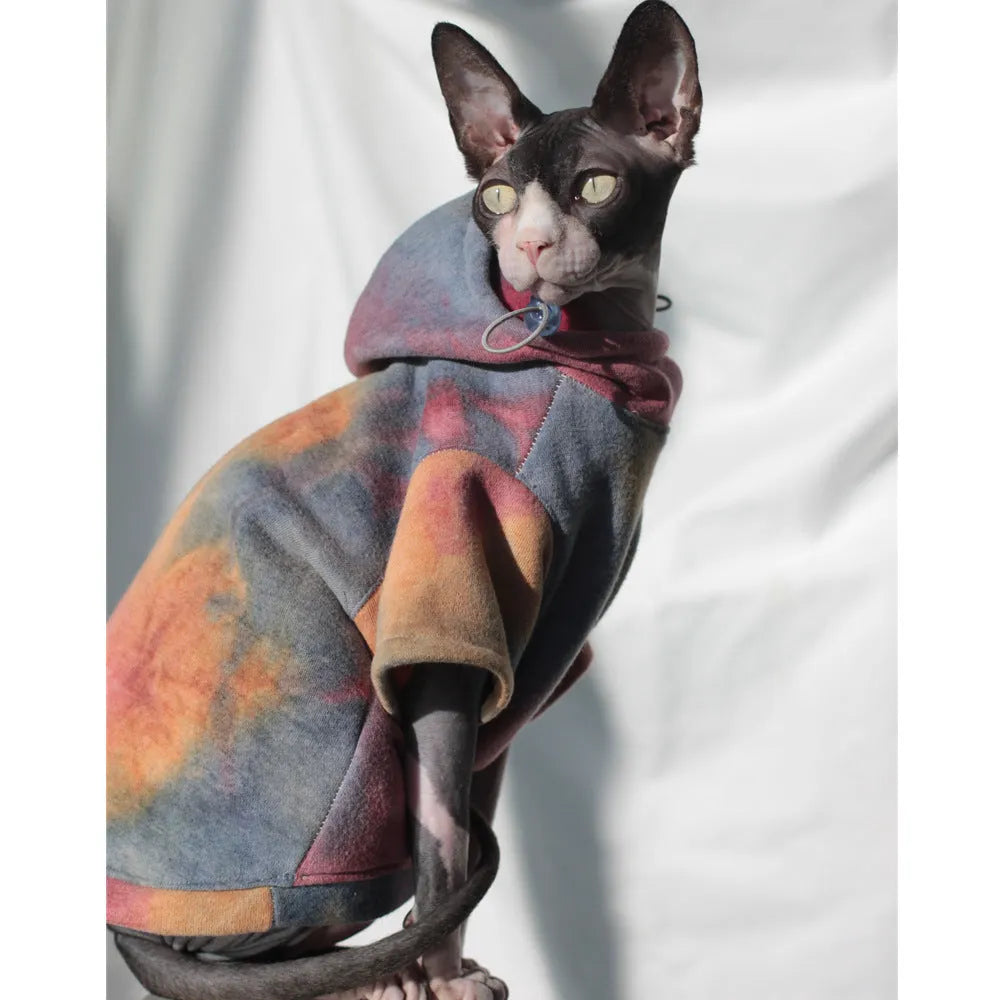Tie-dye hooded sweater for pets in cotton with velvet lining, autumn winter coat for cats and dogs