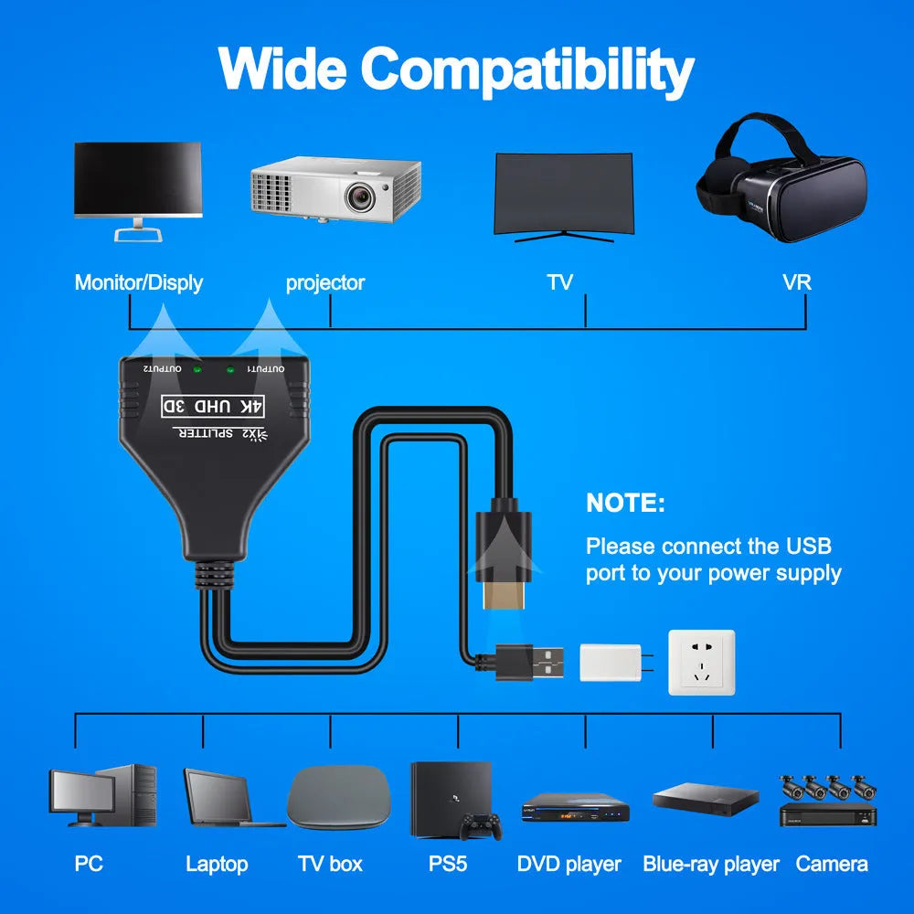 One divided into two HDMI distributor in black with USB power supply and 0.5 metre cable