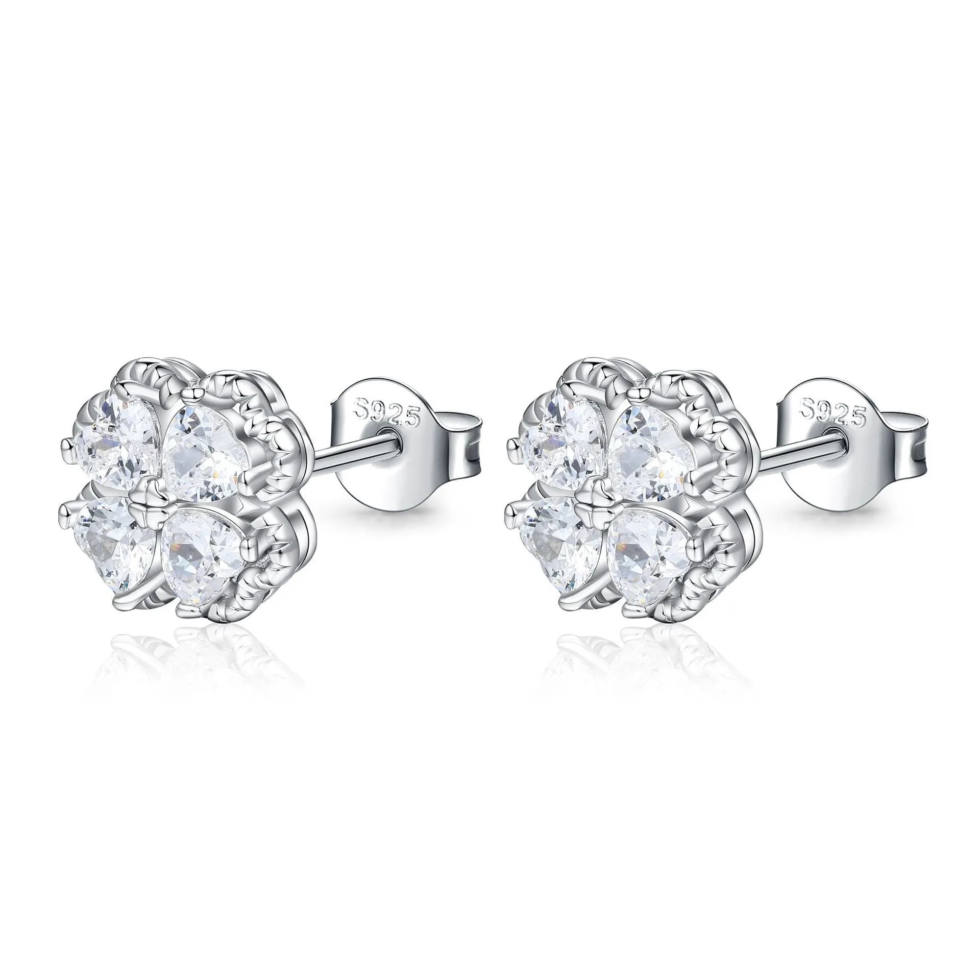 Zeng Yin 925 silver four-leaf clover earrings with zircon stones and heart design in white gold colour
