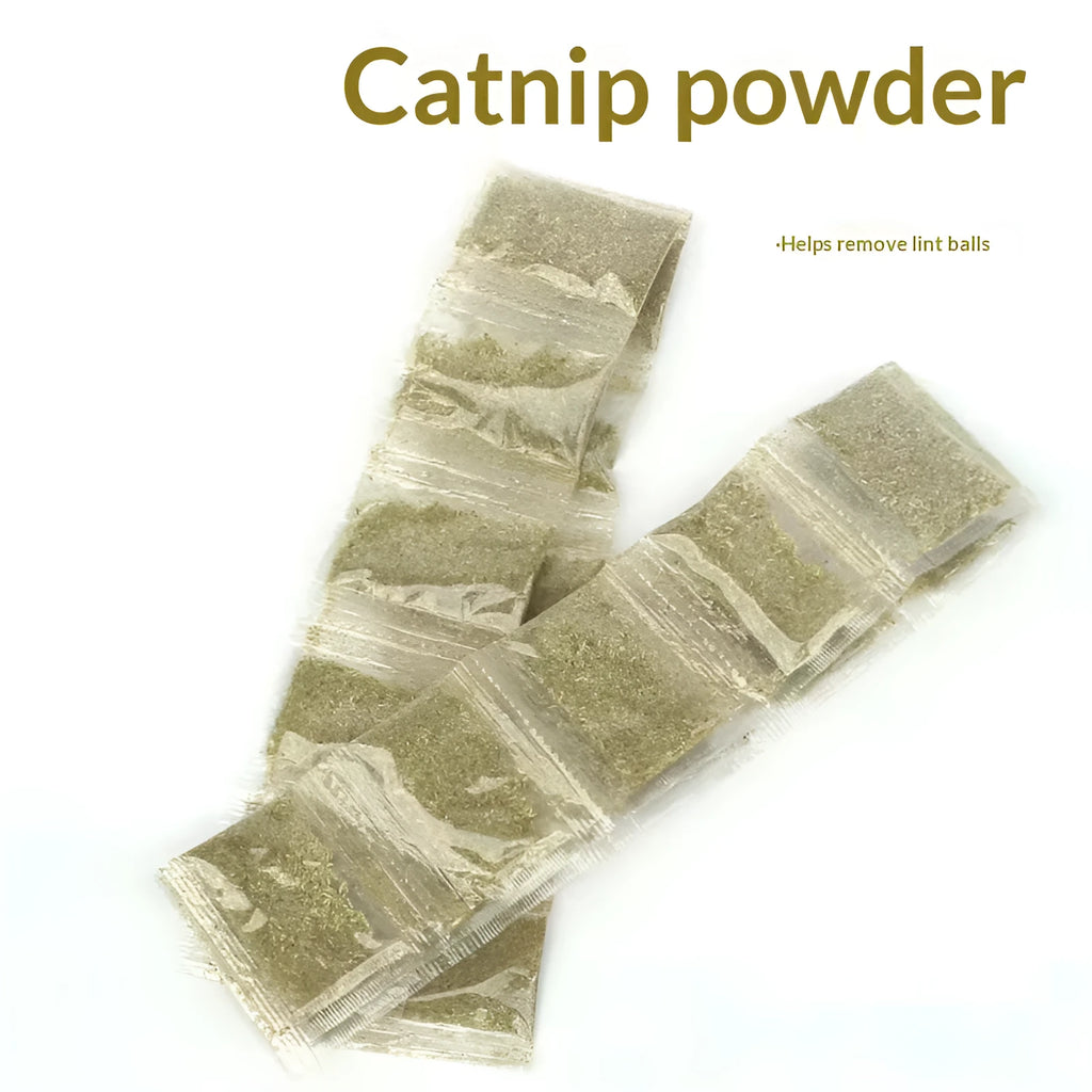 Catnip cat snack in a 1g bag, featuring mint powder for hairball removal and oral cleaning