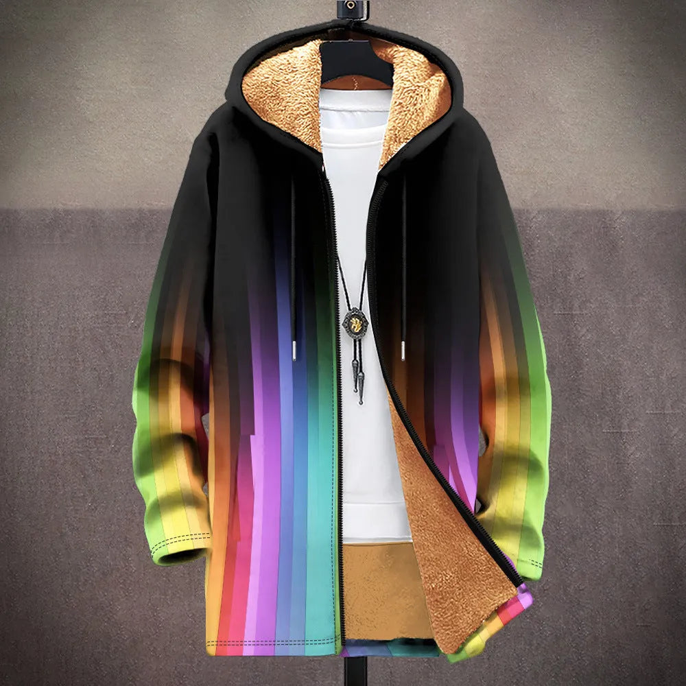 Men's zip-front hooded cardigan with multicolour digital printed pattern in loose fit