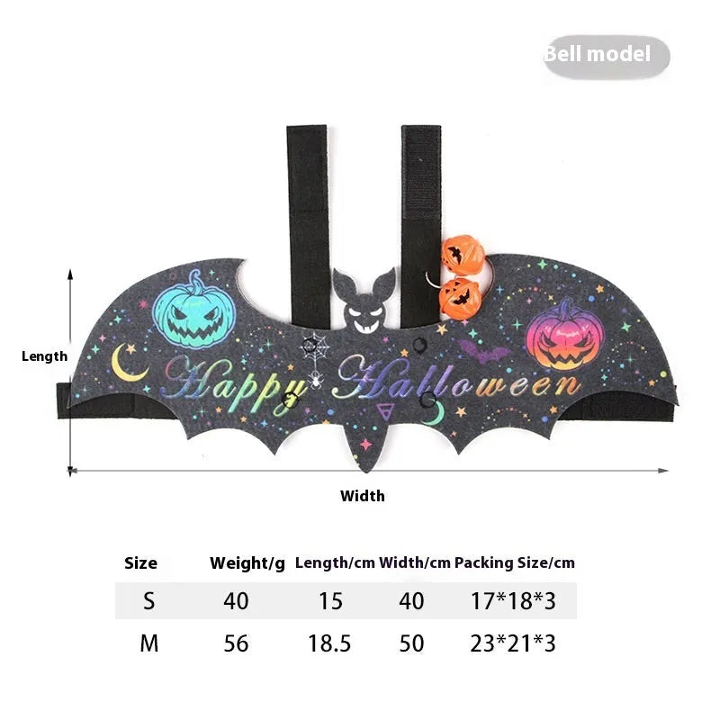Halloween cat costume with black bat wings in pumpkin, red ghost, or white ghost colour variants with optional bell accessory