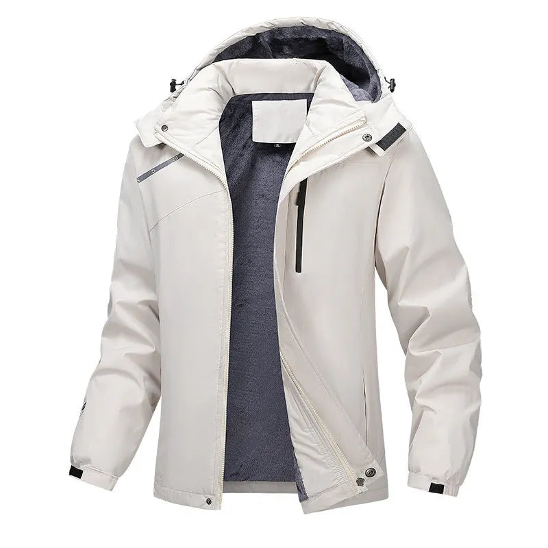Men's plus size loose hooded coat in Army Green, showing waterproof polyester construction