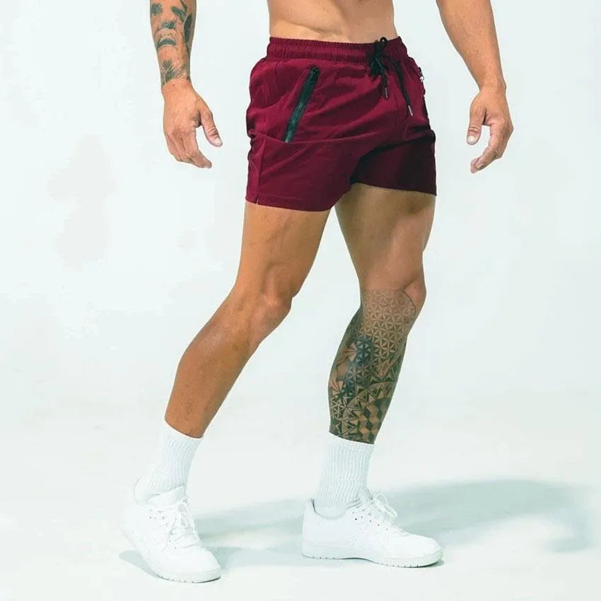 Men's quick-dry polyester sports shorts in blue, black, white, wine red, dark gray, khaki, or dark green
