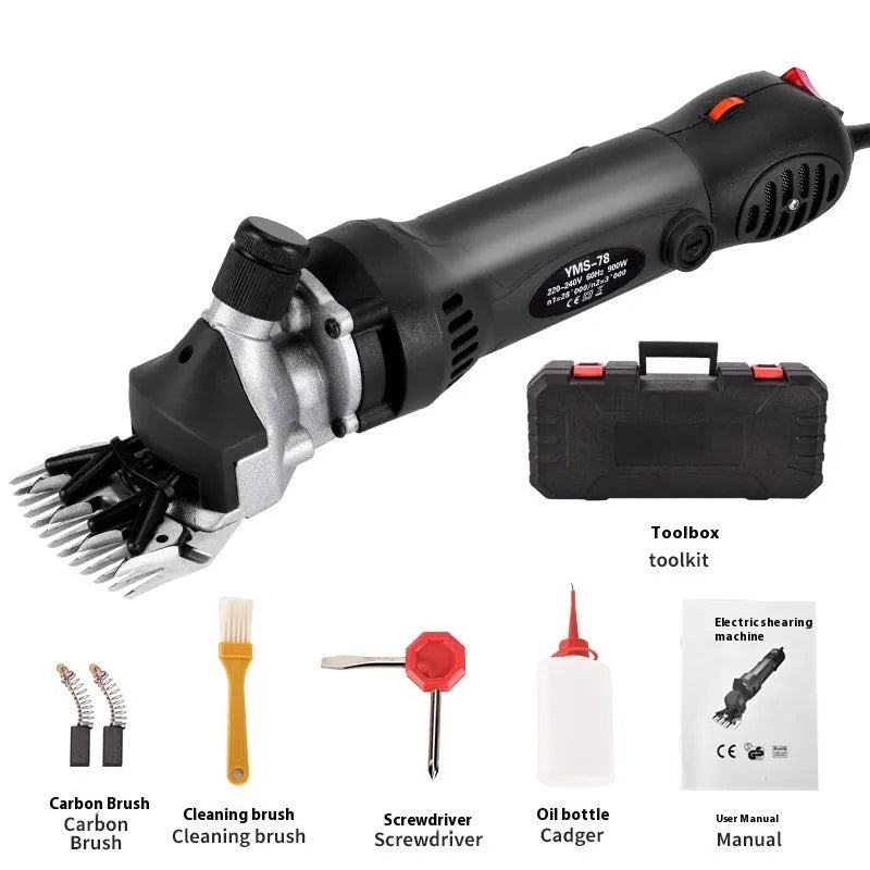 Yellow electric sheep shearing machine with 13 straight teeth and complete accessory set including multiple blades and tools