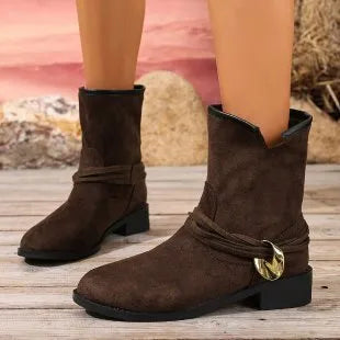 Casual women's Martin boots in khaki with metal buckle, slip-on style, low shaft, pointed toe, rubber sole