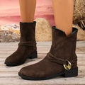 Casual women's Martin boots in khaki with metal buckle, slip-on style, low shaft, pointed toe, rubber sole
