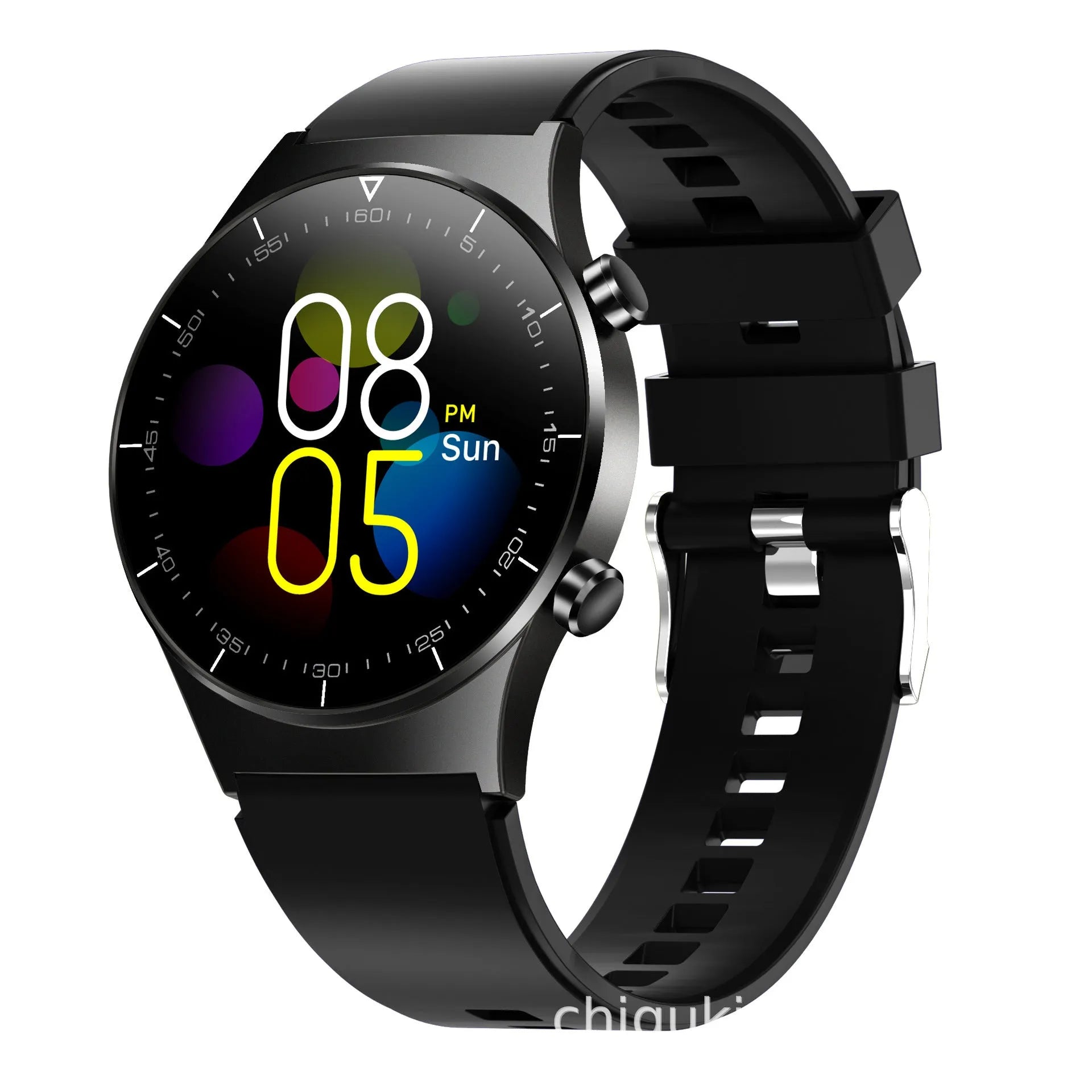 Black smart watch with TPU wristband showing heart rate monitoring on 1.28 inch touch screen